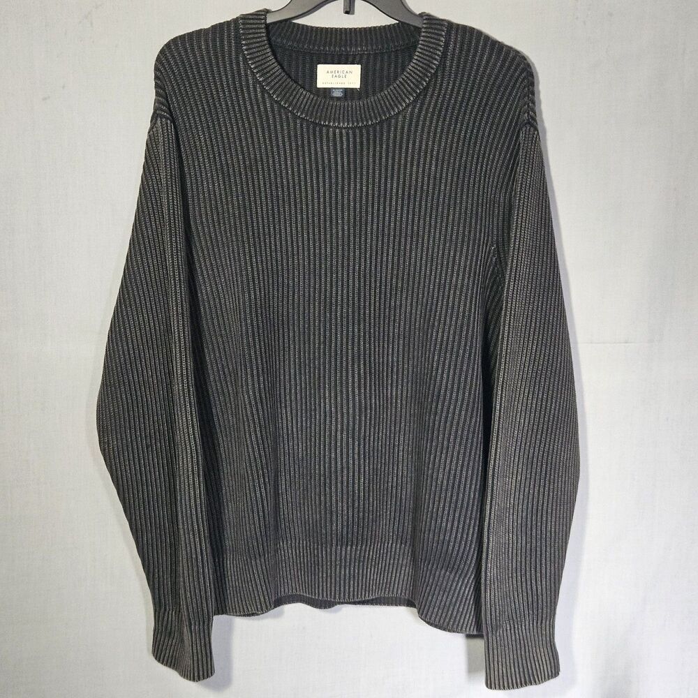 American Eagle Sweater Fisherman Crewneck Chunky Ribbed Knit Mens XL Dark Gray